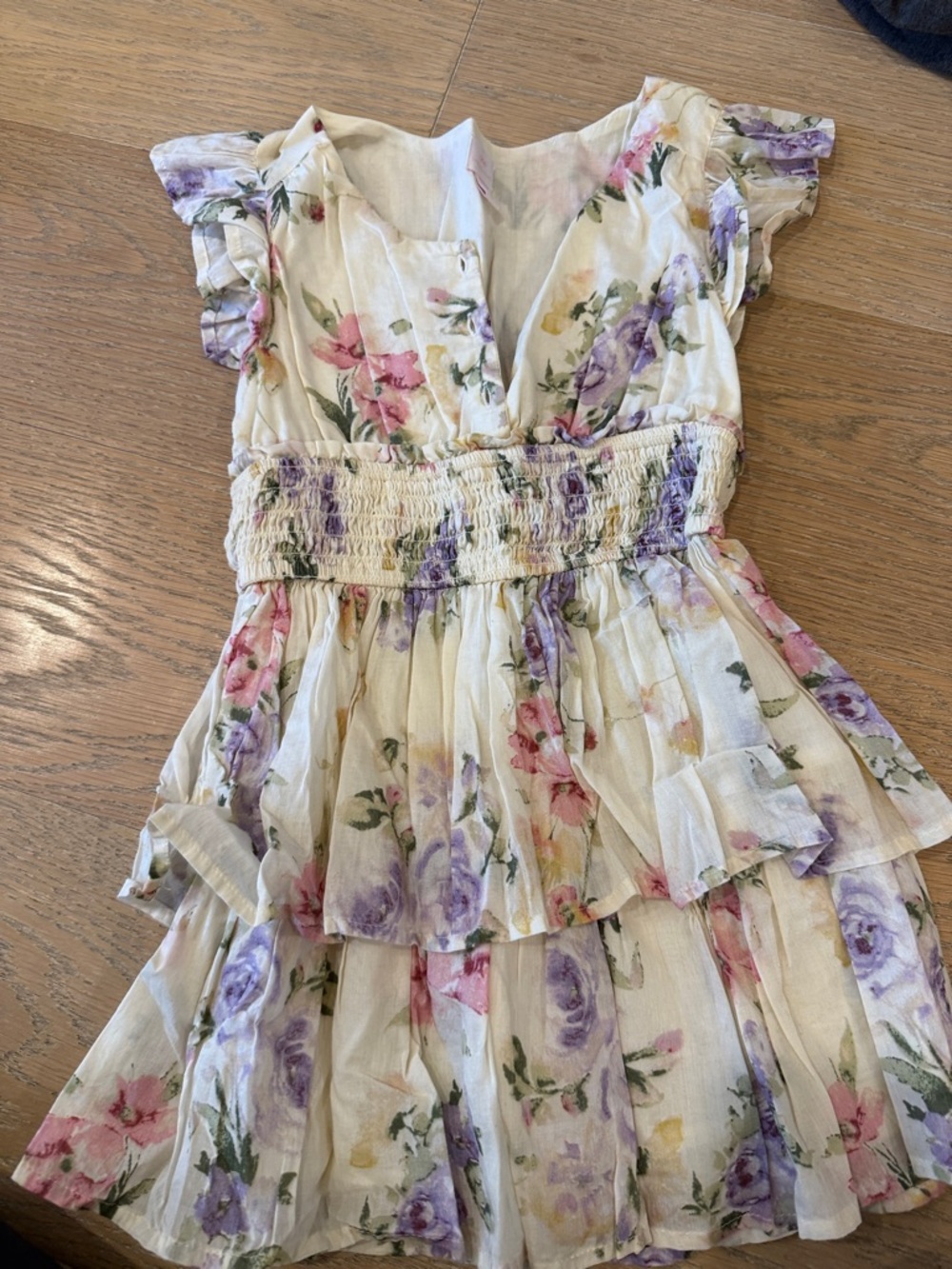 LoveShackFancy Kids Floral Tiered Dress in Cream with Pink and Purple Flowers